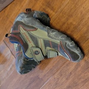 Olive, brown, red and navy blue Pediped tennis shoes. Size 30.